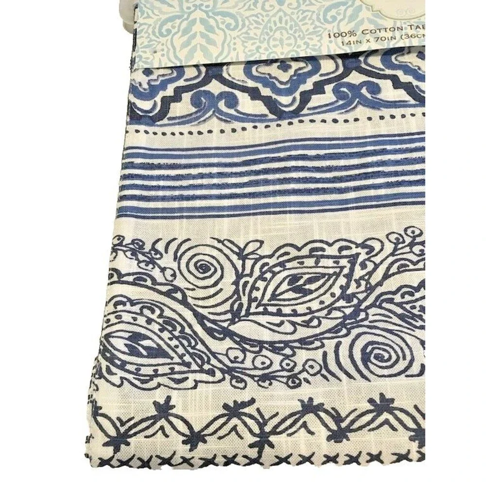 Dena Home Paisley Table Runner Reversible Navy Blue 100% Cotton 14X70
